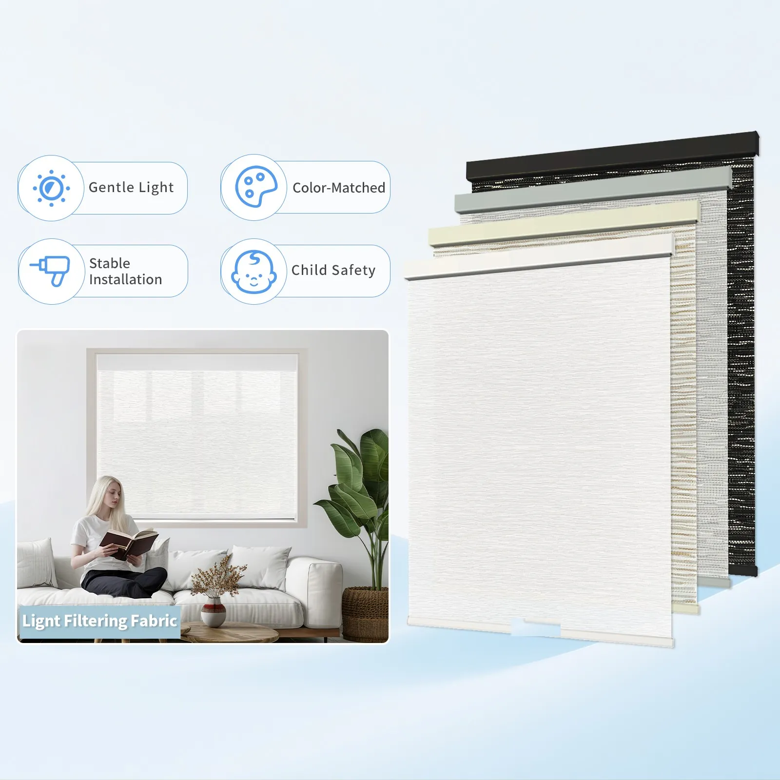 Roller shade fabrics and colors: white, beige, gray, black