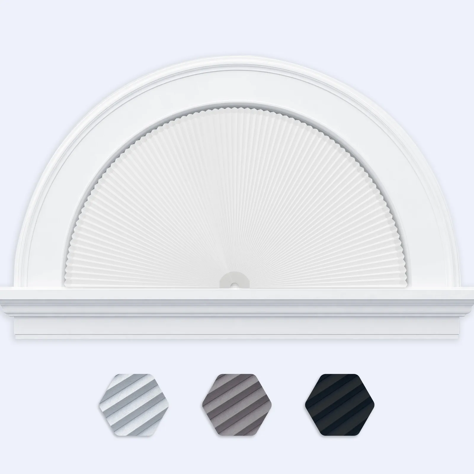 Fan-shaped honeycomb shade for arched windows, 3 fabric tones