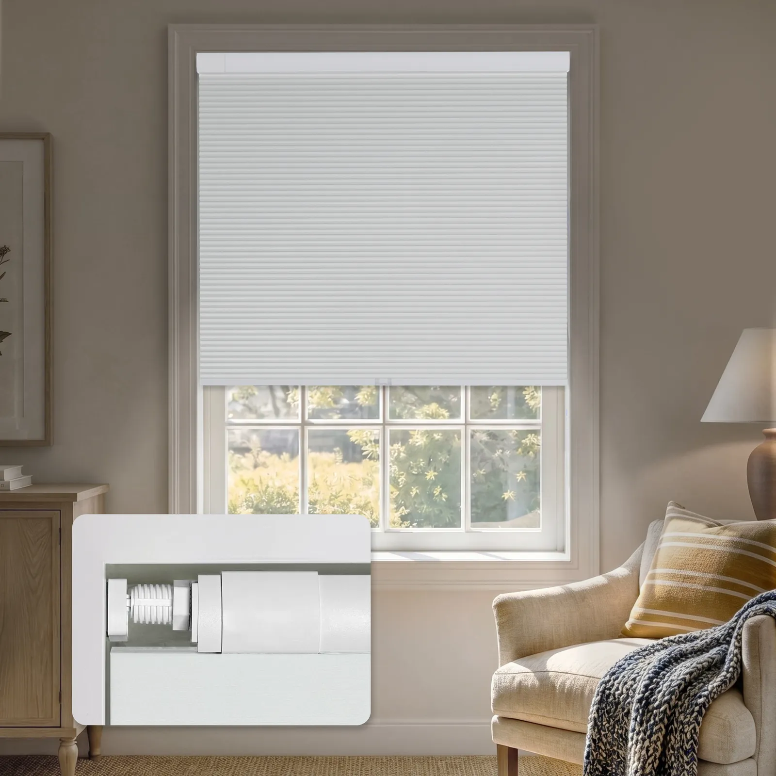 Blackout honeycomb cellular shade, cordless bottom rail